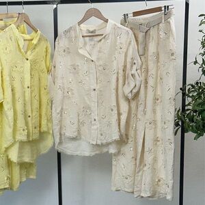 Puro Lino Italian Linen Embroidered Sequins Button Down Shirt and Pants Set